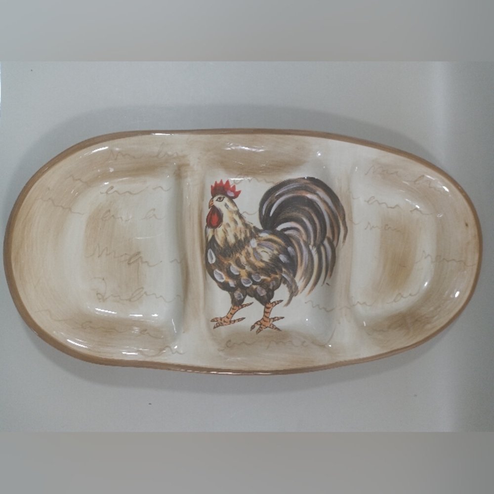 Tabletops Gallery Sonoma Hand Painted Rooster 3 Section Relish Dish
